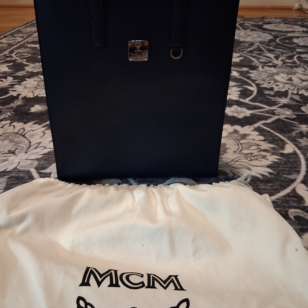 MCM Navy Leather Structured Tote Bag - Picture 2 of 8